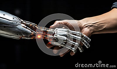 Human hand grasping a robotic hand symbolizing the intersection of humanity and artificial intelligence in modern technology Stock Photo