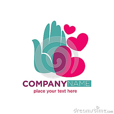 Human hand with hearts company logotype design isolated on white. Vector Illustration