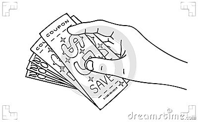 Human hand hold coupon and banknotes. Shopping discount certificate for customers. Savings shopping. season holiday sale Vector Illustration