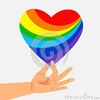 Human hand hold rainbow heart. LGBT concept Vector Illustration