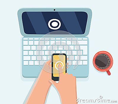 Human hand hold smart phone with sms code for log on the system on computer laptop password protected. Vector Illustration