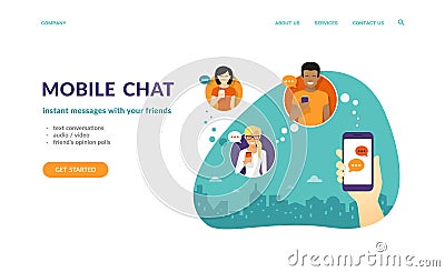 Human hand hold a smartphone and sending messages to friends via mobile messenger app Vector Illustration