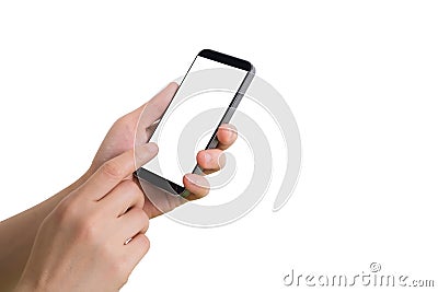 Human hand hold and touch on blank screen cell phone. Stock Photo