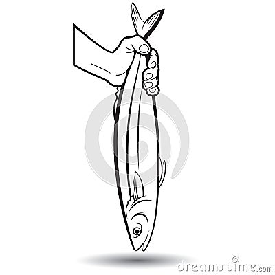 Hand holding big fish in black and white Vector Illustration