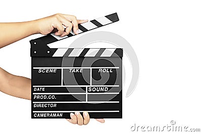 human hand holding clapperboard isolated on white Stock Photo