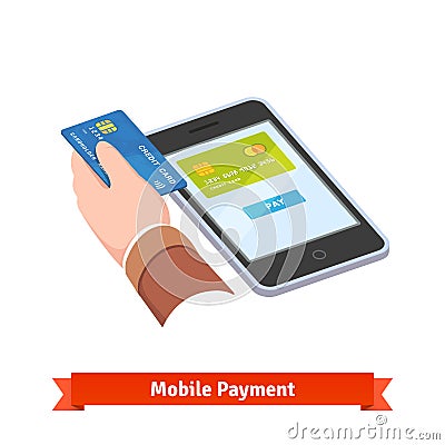 Human hand holding credit card over tablet Vector Illustration
