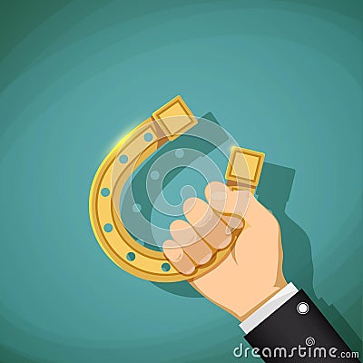 Human hand holding a gold horseshoe. Talisman for good luck. Sto Vector Illustration