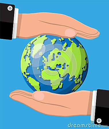 Human hand holding green earth. Save earth day. Vector Illustration