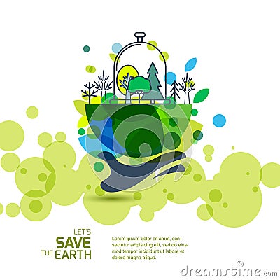 Human hand holding green earth with trees. Vector Illustration