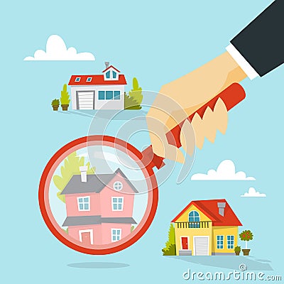 Human hand holding magnifying glass and choose house Vector Illustration