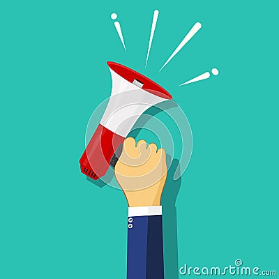 Human hand holding megaphone. social media marketing concept. vector illustration Vector Illustration