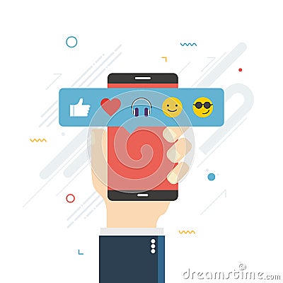 Human hand holding mobile phone with social network feedback emoticons. Vector Illustration