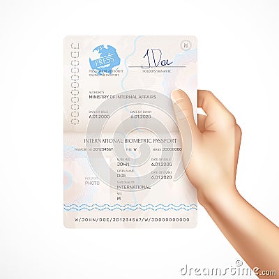 Biometric Passport Mockup in Human Hand Vector Illustration