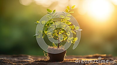 Hands holding young plant in sunshine and green background at sunset. Environment conservation, reforestation, climate change Stock Photo