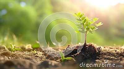 Hands holding young plant in sunshine and green background at sunset. Environment conservation, reforestation, climate change Stock Photo