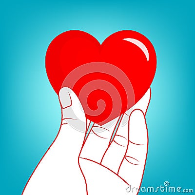 Human hand holding red heart up. Vector Illustration