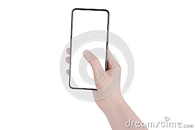Human hand holding smartphone, finger touching blank screen on white background isolated close up, woman`s hand hold mobile phone Stock Photo