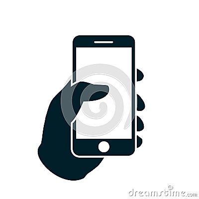 Human hand holding smartphone icon. Phone holding flat icon sign - vector Stock Photo