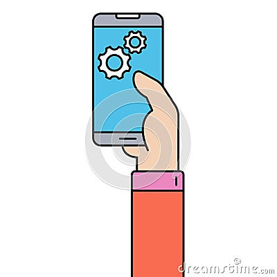 Human hand holding smartphone with settings gears color illustration Vector Illustration