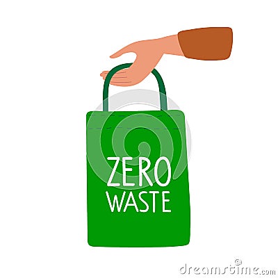 Human hand holding textile bag with Zero waste inscription. Green textile reusable shopping bag. Environmentally Vector Illustration