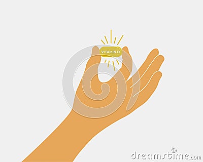 Vector illustration of male or female hand holding pill of vitamin D Vector Illustration