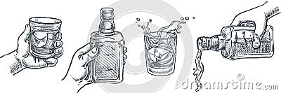 Human hand holding whiskey glass. Scotch whisky or brandy pouring out of bottle. Vector hand drawn sketch illustration Vector Illustration