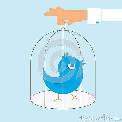 Human hand holds a cage with blue angry bird Vector Illustration