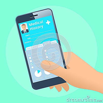 Human hand with smart phone with patient health medical history. Vector Illustration