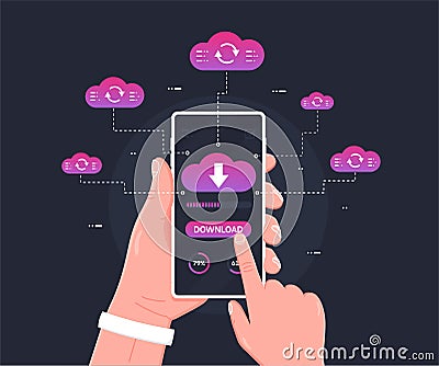 Human hand holds smartphone with cloud, arrows and progress bar on the screen. Download information, files concept for websites. Vector Illustration