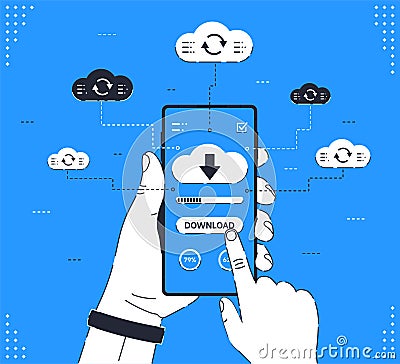 Human hand holds smartphone with cloud, arrows and progress bar on the screen. Download information, files concept for websites. Vector Illustration