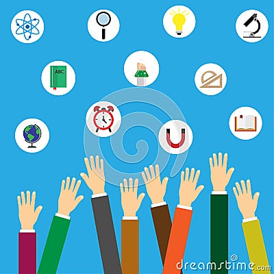 Human hand and icons of education.Modern vector illustration concept. infographics background education. Vector Illustration