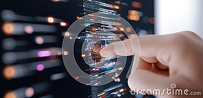 Human hand interacting with artificial intelligence visualizing data with transparent holographic charts and graphs on Stock Photo