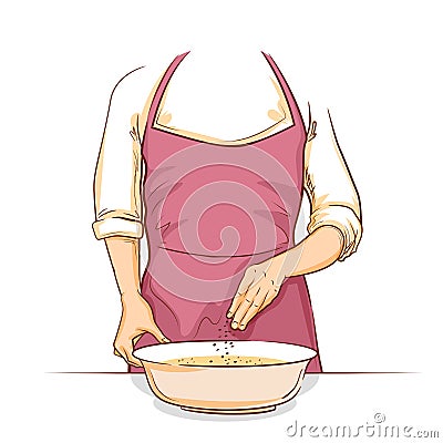 Human hand kneading dough to make bread for home cooking Vector Illustration