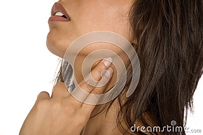 Human hand measuring neck pulse Stock Photo