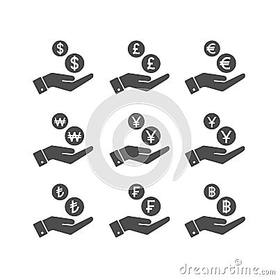 Human hand and money dropping coins. Savings and payment concept vector icons. Vector Illustration