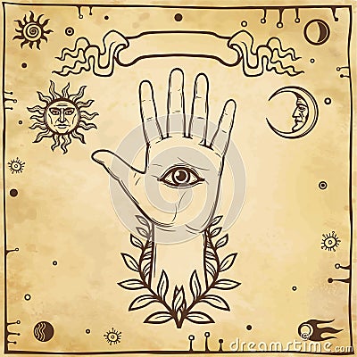 Human hand, mystical symbols. Eye of Providence. Vector Illustration