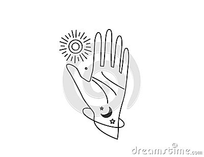 Human hand open in stop gesture reach out to sun, moon and star. Galaxy planet space concept design. Vector illustration Vector Illustration