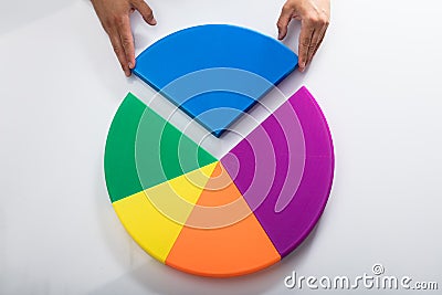 Human hand placing final piece into pie chart Stock Photo