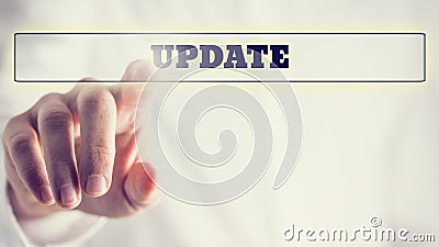 Human Hand Pointing Update Text in Transparent Box Stock Photo