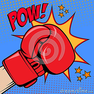 Human hand in pop art style with boxing glove. Pow. Design element for poster, flyer. Vector Illustration