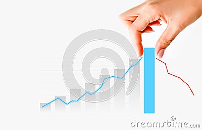 Human hand pulling graph bar suggesting increase of sales or business Stock Photo