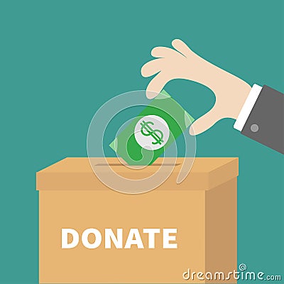 Human hand putting golden coin money with dollar sign into donation paper cardboard box. Helping hands concept. Donate text. Flat Vector Illustration