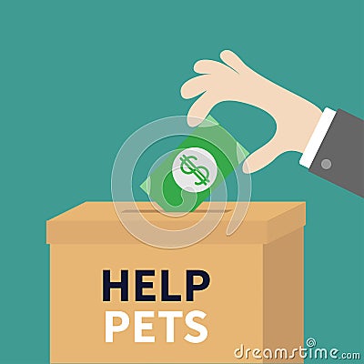 Human hand putting paper money bill with dollar sign into donation paper cardboard box. Helping hands concept. Donate and help pet Vector Illustration