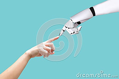 Human hand and robot hand system concept Integration and coordination of intellectual technology Stock Photo