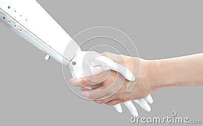 Human hand and Robot hand. Handshake. Cyber communication concept isolated on grey background. Future technology. Stock Photo