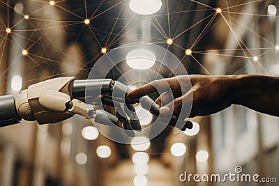 Hands of robot and human touching on big data network connection background. Science and artificial intelligence technology. Stock Photo