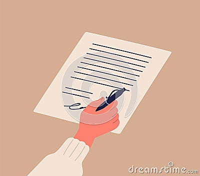 Human hand signing notary document holding pen vector flat illustration. Cartoon person arm confirm official paper page Vector Illustration