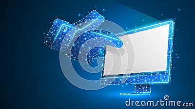 Human hand silhouette pointing on a white computer monitor. Touchscreen, finger click concept. Abstract, digital Vector Illustration