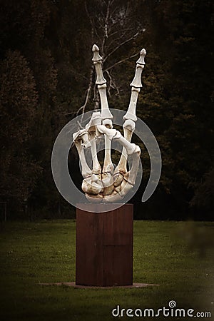 Human hand skeleton with fingers bones in symbol of victory Editorial Stock Photo