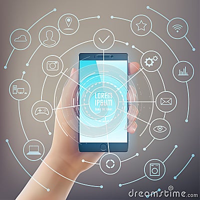 Human hand with smart phone and different icons Stock Photo